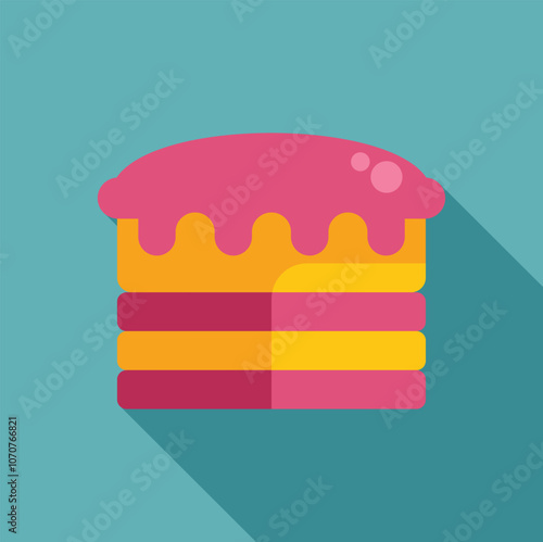 Flat design icon of a layered cake with pink frosting dripping, representing concepts of celebration, sweetness, and baking