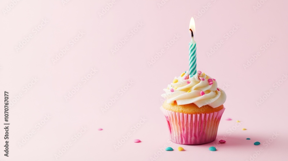 Birthday Cupcake with Candle on Pink Background Birthday Cupcake with Candle on Pink Background