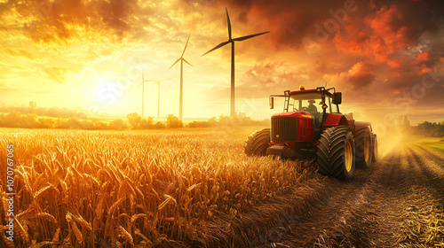 Farmers Innovatively Utilizing Their Expertise as They Set Up Wind Turbines on Beautiful Landscapes, Blending Tradition with Technology photo