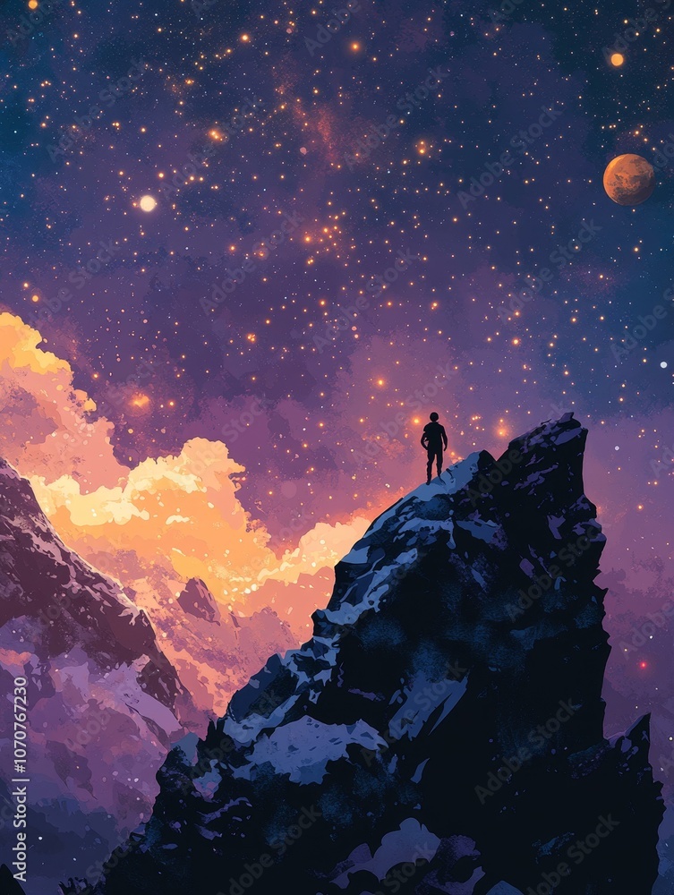 A lone figure stands on a snow-capped mountain peak, gazing up at a ...