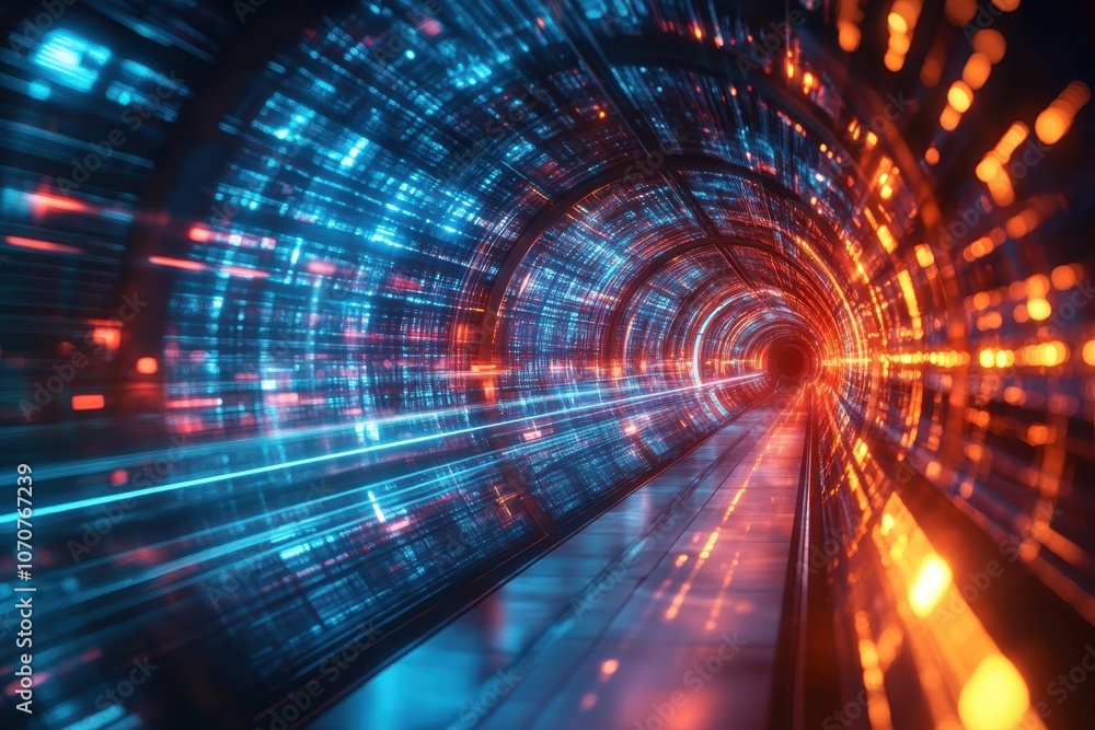 Vibrant tunnel with blue and orange lights creating a dynamic visual experience at night Vibrant tunnel with blue and orange lights creating a dynamic visual experience at night
