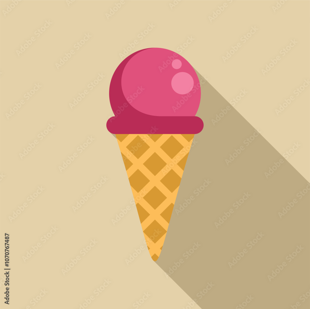 Single scoop of pink ice cream melting in crispy waffle cone on hot summer day Single scoop of pink ice cream melting in crispy waffle cone on hot summer day