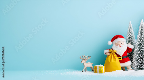 Cute childlike Santa claus is bringing colorful christmas gifts in a yellow bag accompanied by reindeer and christmas trees on a snowy turquoise background lovable greeting card for kids