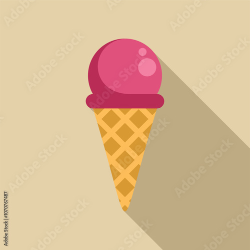 Single scoop of pink ice cream melting in crispy waffle cone on hot summer day