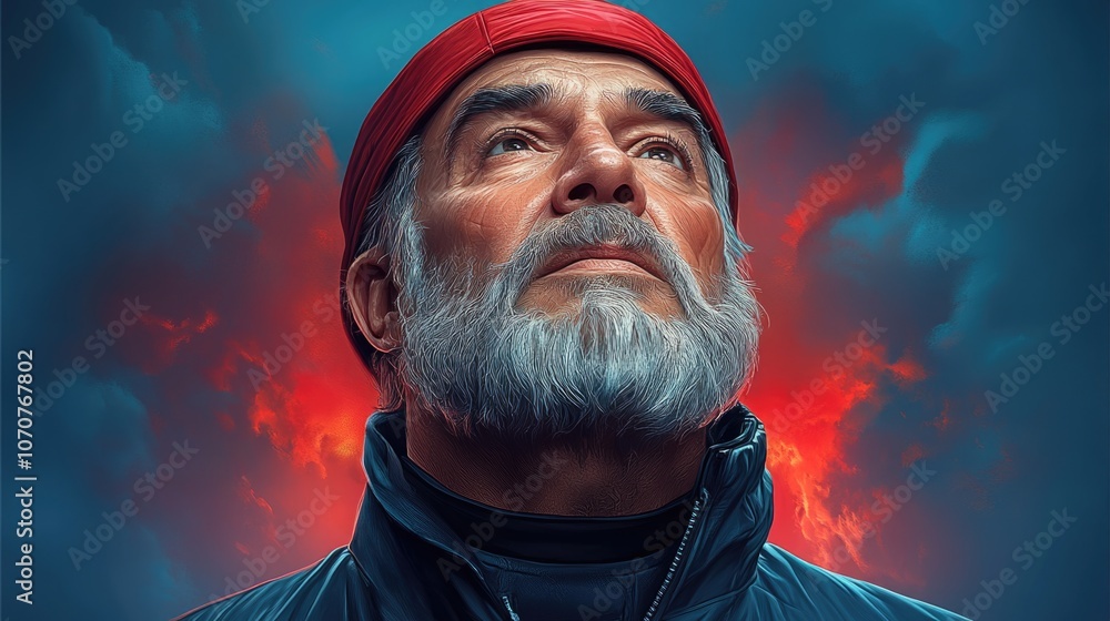 Elderly man with beanie gazing upwards against dramatic sky background Elderly man with beanie gazing upwards against dramatic sky background