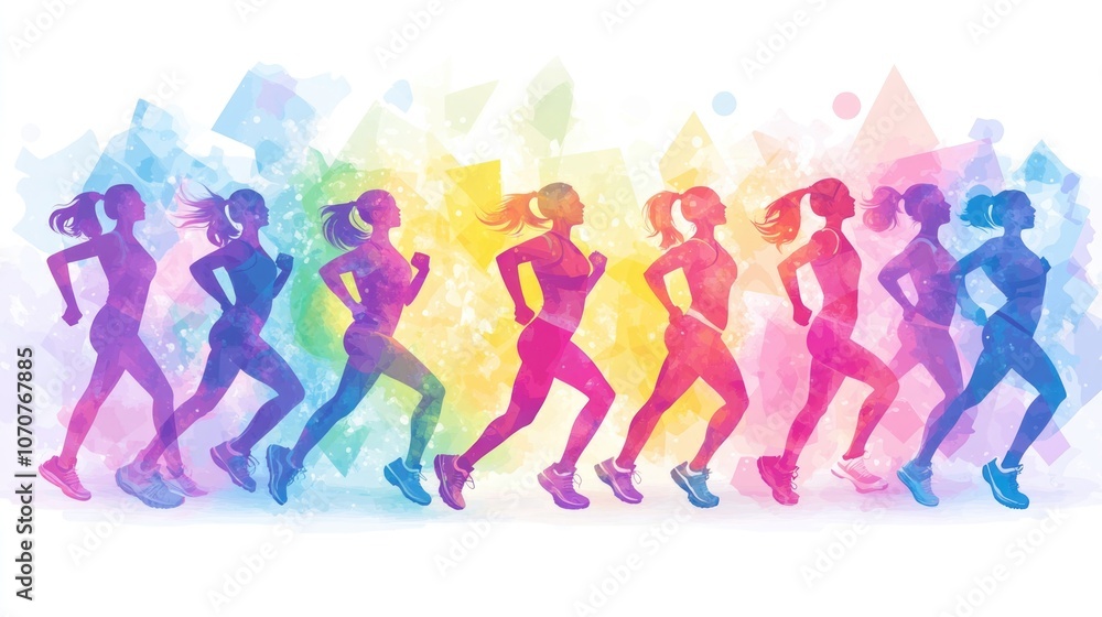 Vibrant group dance class with energetic silhouettes and colorful geometric background Vibrant group dance class with energetic silhouettes and colorful geometric background