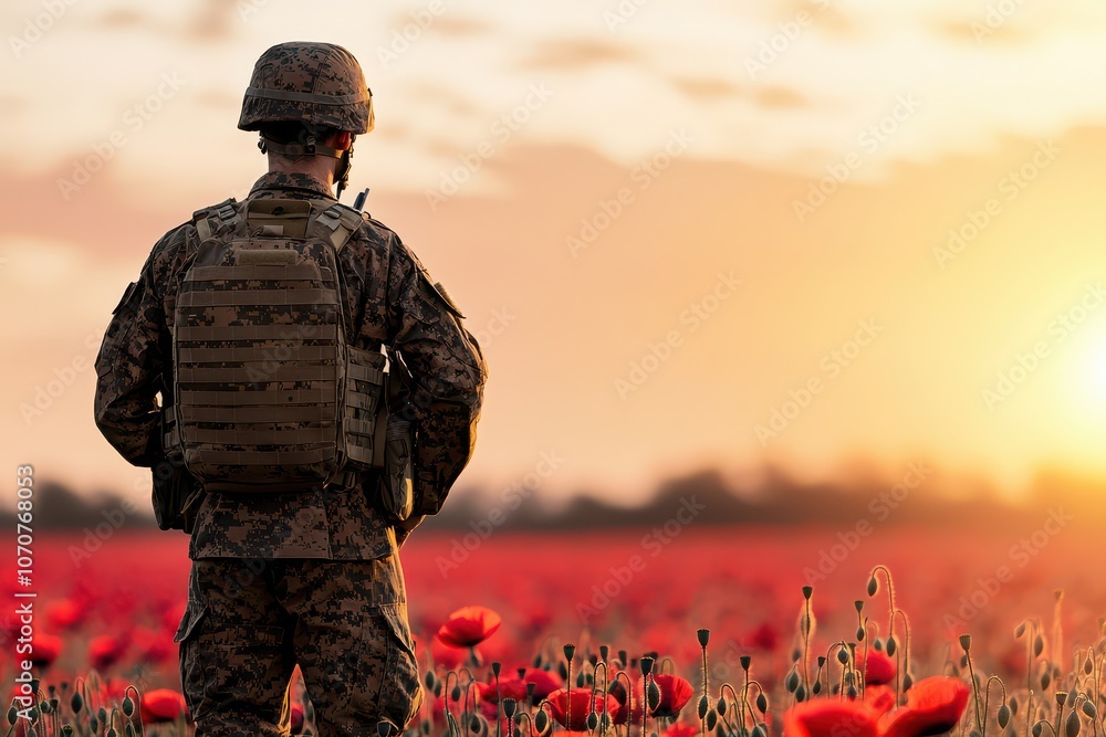 Soldier silhouette stands in wide poppy field as a tribute to fallen heroes Soldier silhouette stands in wide poppy field as a tribute to fallen heroes