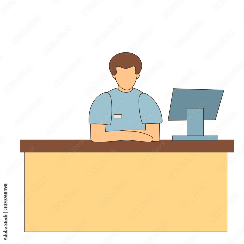 Cashier man character working on computer icon Cashier man character working on computer icon