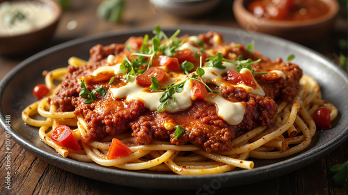 Spaghetti bolognese with melted cheese and fresh herbs