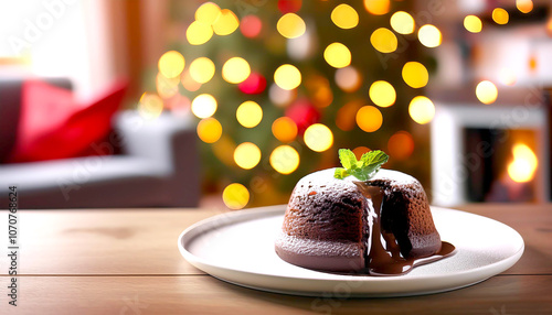 Schokoladenkuchen mit flüssigem Kern vor weihnachtlicher Wohnung  photo