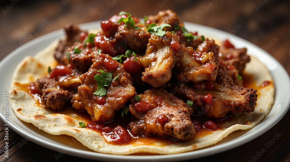 Spicy meat dish served on flatbread with tomato sauce Spicy meat dish served on flatbread with tomato sauce