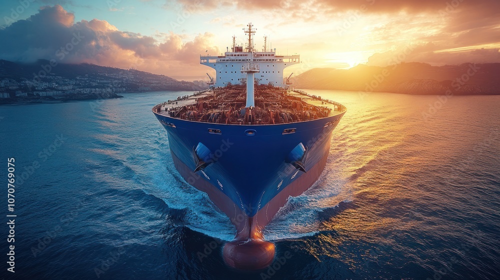 Fototapeta premium Large cargo ship sailing on the ocean at sunset.