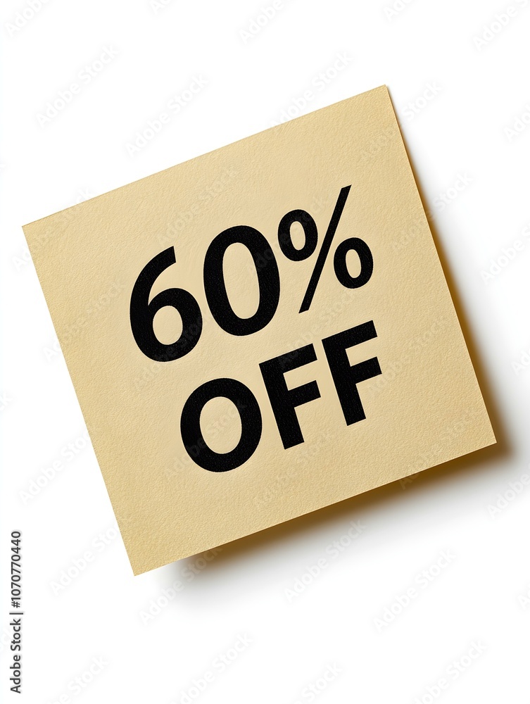 Black '60% OFF' Text on a Light Brown Square Paper Note. White Background Black '60% OFF' Text on a Light Brown Square Paper Note. White Background