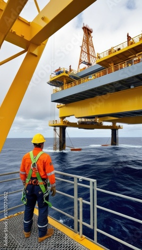 An offshore worker stands on an offshore platform at a large oil rig. Offshore oil and gas industry and operated by technician petroleum