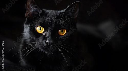 Serene black cat stretching with intense golden gaze. National Black Cat Day background