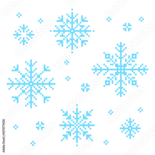 Set of snowflakes or snow icon in pixel art.