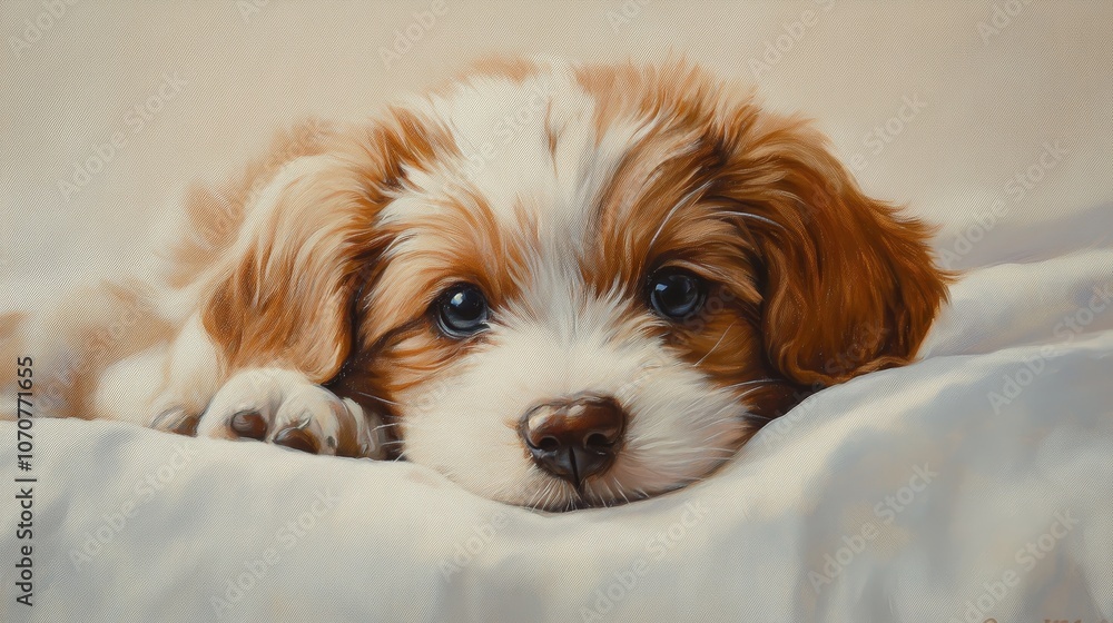 A sweet and innocent puppy with brown and white fur rests its head on a white blanket, exuding warmth and companionship. This captivating portrait captures the puppy's soft eyes and peaceful expressio A sweet and innocent puppy with brown and white fur rests its head on a white blanket, exuding warmth and companionship. This captivating portrait captures the puppy's soft eyes and peaceful expressio