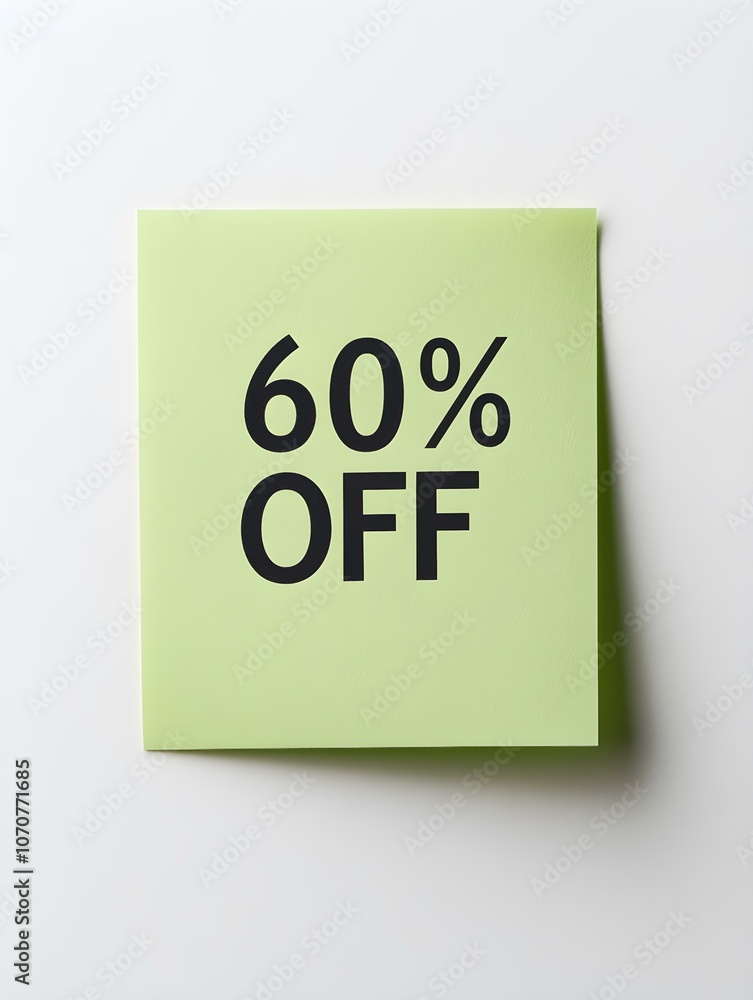 Black '60% OFF' Text on a Light Green Square Paper Note. White Background Black '60% OFF' Text on a Light Green Square Paper Note. White Background