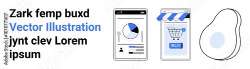 Smartphone displaying analytics with pie chart, e-commerce app with shopping cart icon, blue buy button, abstract shape. Ideal for mobile apps, e-commerce sites, business presentations, marketing