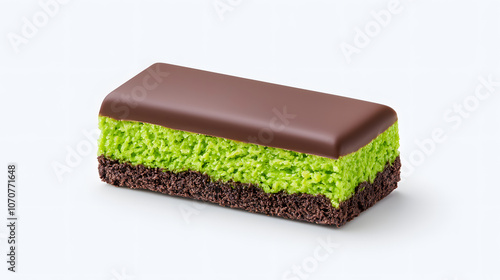 Dubai chocolate. Chocolate bar with green pistachio pasta and crunchy kadayif isolated on white background. photo