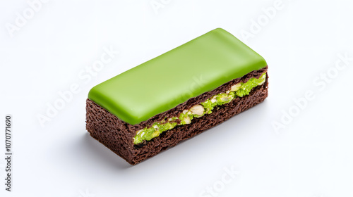 Dubai chocolate. Chocolate bar with green pistachio pasta and crunchy kadayif isolated on white background. photo