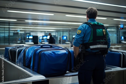 Airport Security Officer at Checkpoint with Luggage, A security officer carefully inspects luggage at an airport security checkpoint. Safety, travel, airport, security, luggage