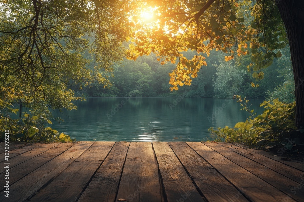 A serene lake under a golden sunset surrounded by lush greenery and wooden decking nearby A serene lake under a golden sunset surrounded by lush greenery and wooden decking nearby