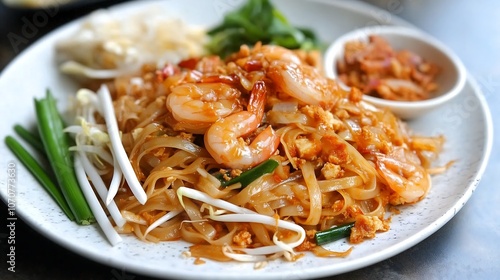 Traditional Thai dish Pad Thai noodles shrimps prawns bean sprouts white plate minimalist, noodle soup close up Asian food Thailand