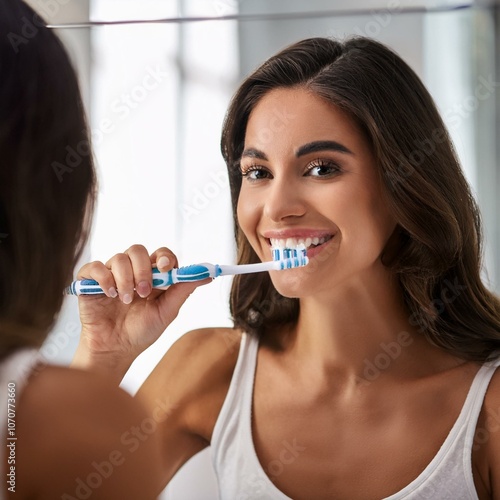 beautiful woman brushing teeth with toothbrush in front of the b