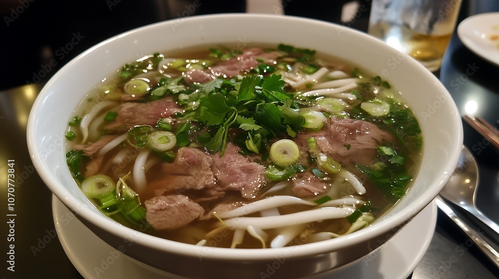Traditional Vietnamese pho beef noodles white bowl restaurant scene, noodle soup close up Asian food Traditional Vietnamese pho beef noodles white bowl restaurant scene, noodle soup close up Asian food