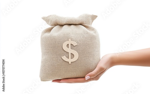 Hand holding a sack with dollar sign, minimalist design for themes of investment, money management, and financial growth, 3D illustration, isolated on white background photo