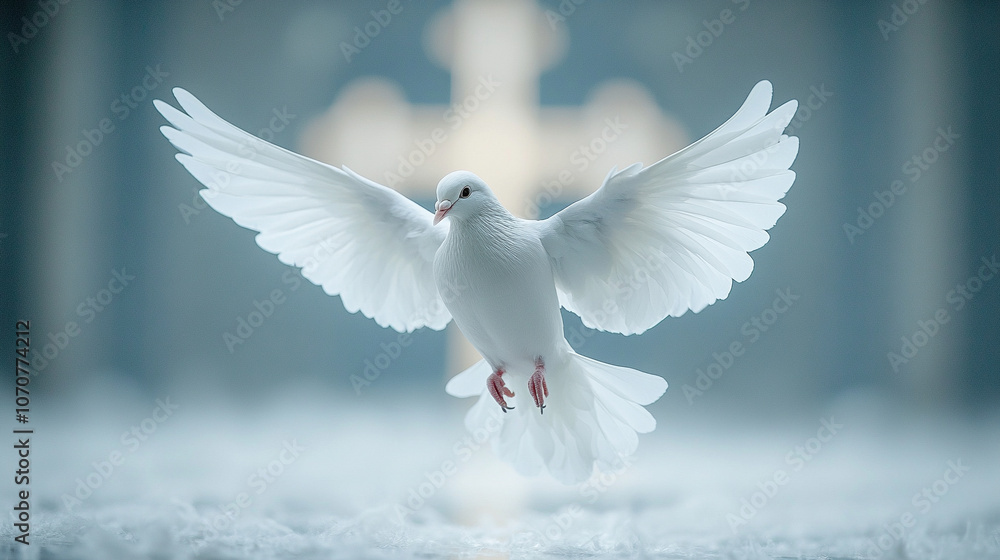Obraz premium A pure white dove in flight against a blurred background featuring a Christian cross. The image symbolizes peace, hope, spirituality, and divine grace, often associated with faith and renewal