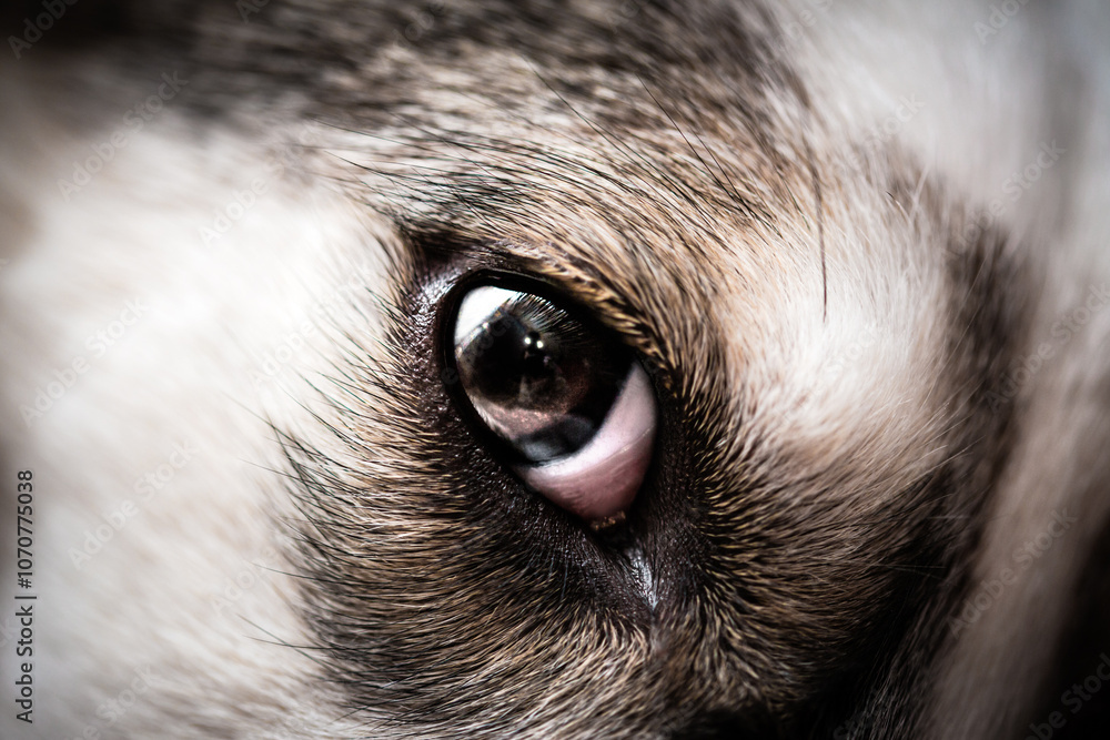 Closeup of a mixed breed dog eye with white and brown mask Closeup of a mixed breed dog eye with white and brown mask