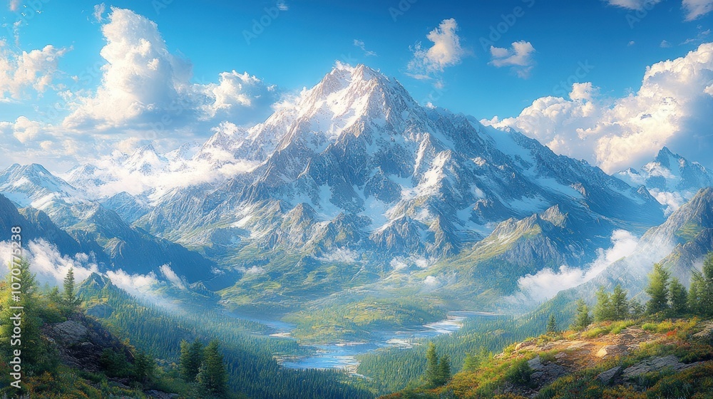 Majestic snow-capped mountain peak with lush green valleys and a lake, under a bright blue sky with clouds. Majestic snow-capped mountain peak with lush green valleys and a lake, under a bright blue sky with clouds.