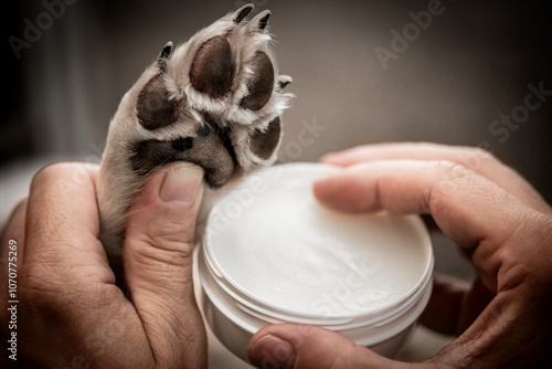 Applying paw ointment or balm on dog paw, protection and caring