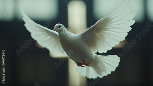 pure white dove in flight against a blurred background featuring a Christian cross. The image symbolizes peace, hope, spirituality, and divine grace, often associated with faith and renewal photo