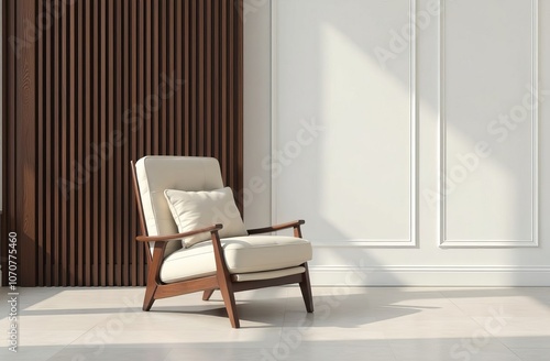 White armchair in room with dark wood slats and white walls