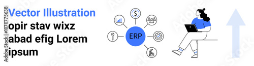Woman using a laptop, blue ERP icon in center connected to finance, analytics, settings, manufacturing, people, and key icons. Ideal for business workflows, software management, productivity