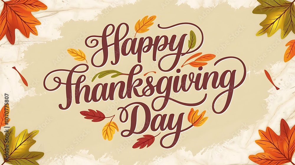 Obraz premium Elegant Thanksgiving Greeting Card with Hand-Lettered 'Happy Thanksgiving Day' Typography, Adorned with Autumn Leaves in Orange, Yellow, and Green on a Soft Marble Background