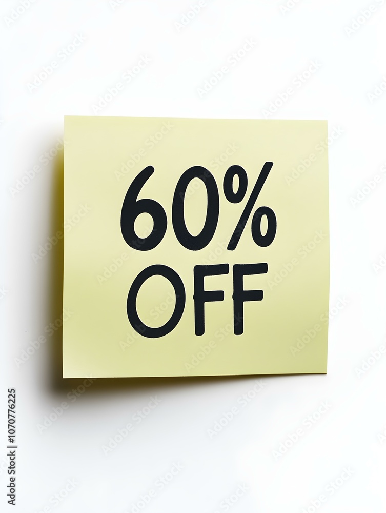 Black '60% OFF' Text on a Light Yellow Square Paper Note. White Background Black '60% OFF' Text on a Light Yellow Square Paper Note. White Background