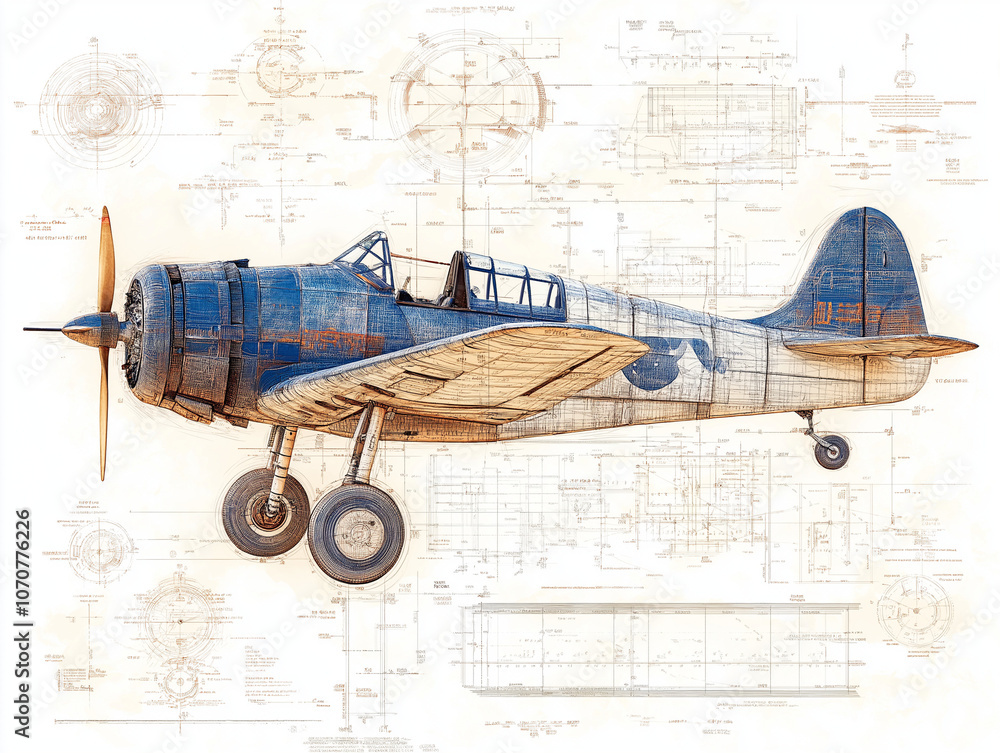 Vintage Aircraft Blueprint: A weathered, blue and white vintage ...