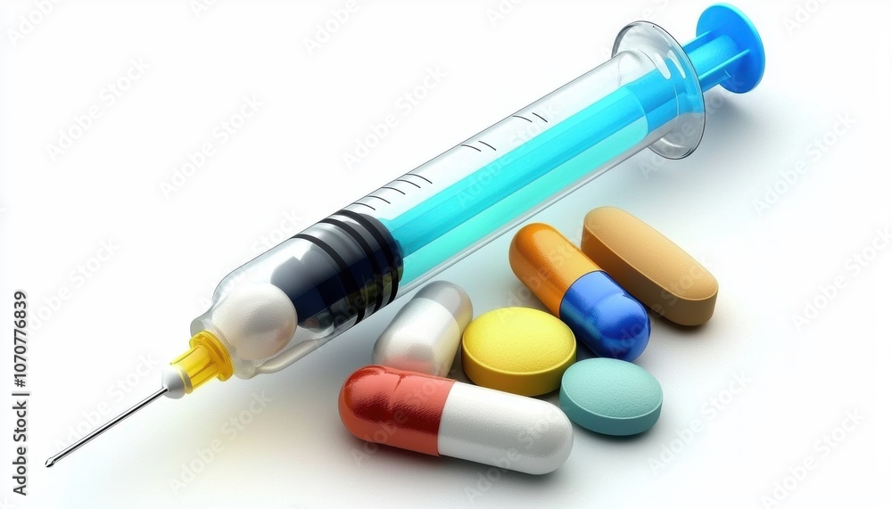 3D syringe and assorted pills, isolated on white, representing pharmaceutical care, medication, and medical treatments, bright and clean, 3D illustration 3D syringe and assorted pills, isolated on white, representing pharmaceutical care, medication, and medical treatments, bright and clean, 3D illustration