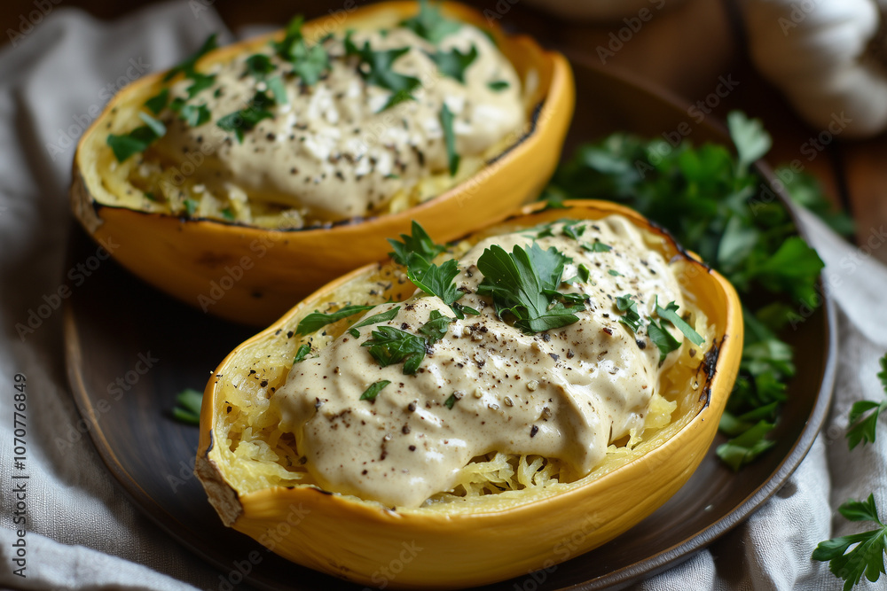 spaghetti squash alfredo with garlic and parsley
spaghetti squash alfredo with garlic and parsley