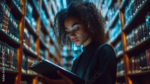 Legal assistant uses mobile-enabled talking-head AI in a library setting during evening hours