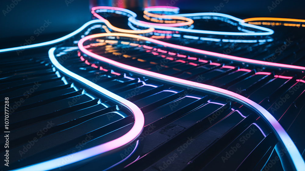 Colorful neon lights glowing on a surface create a mesmerizing design in a dark setting during the evening Colorful neon lights glowing on a surface create a mesmerizing design in a dark setting during the evening