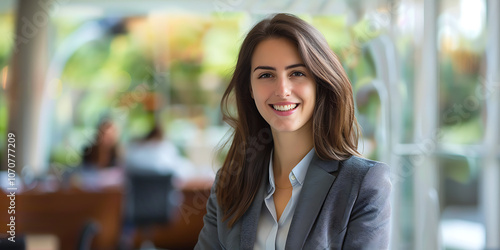 A portrait of a happy, smiling businesswoman with a confident and approachable expression, embodying professionalism, success, and positive energy, captured in a vibrant office setting