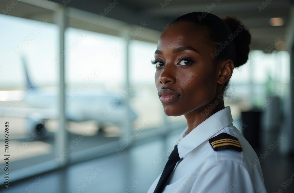 Black female civil aviation pilot portrait close up in airport background Black female civil aviation pilot portrait close up in airport background
