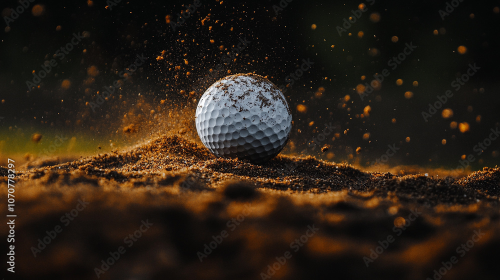 Golf ball landing in sand trap during golden hour at a scenic golf course Golf ball landing in sand trap during golden hour at a scenic golf course