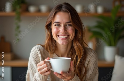Smiling woman enjoying a cup of coffee in home background