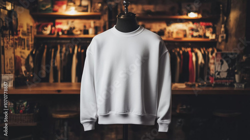 Wallpaper Mural White sweatshirt displayed on a mannequin in a vintage clothing store surrounded by apparel Torontodigital.ca
